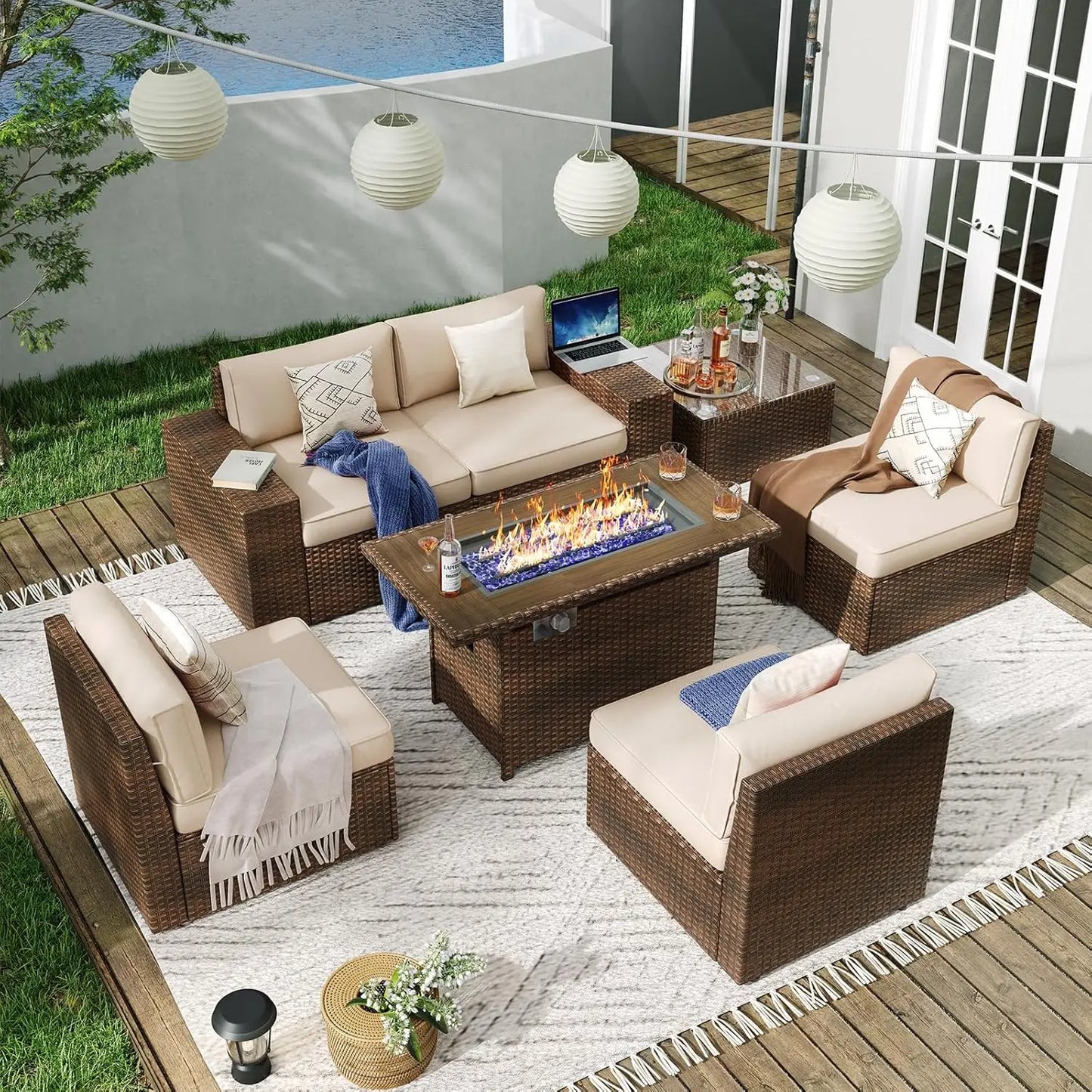 7 Piece Patio Furniture Set with 44" Fire Pit Table – Outdoor Wicker Sectional Conversation Set with Thick Cushions