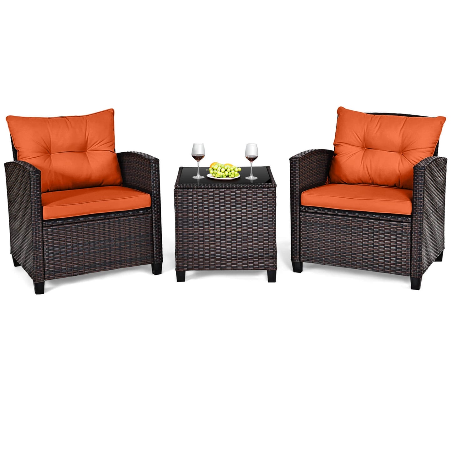 3-Piece Rattan Patio Furniture Set with Cushions and Tempered Glass Table – Outdoor Wicker Conversation Set for Balcony, Garden, or Porch – Orange Cushions