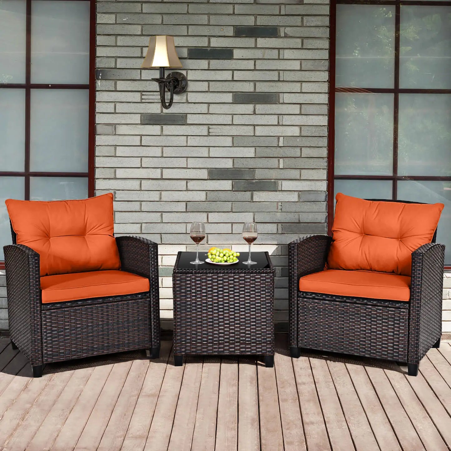 3-Piece Rattan Patio Furniture Set with Cushions and Tempered Glass Table – Outdoor Wicker Conversation Set for Balcony, Garden, or Porch – Orange Cushions