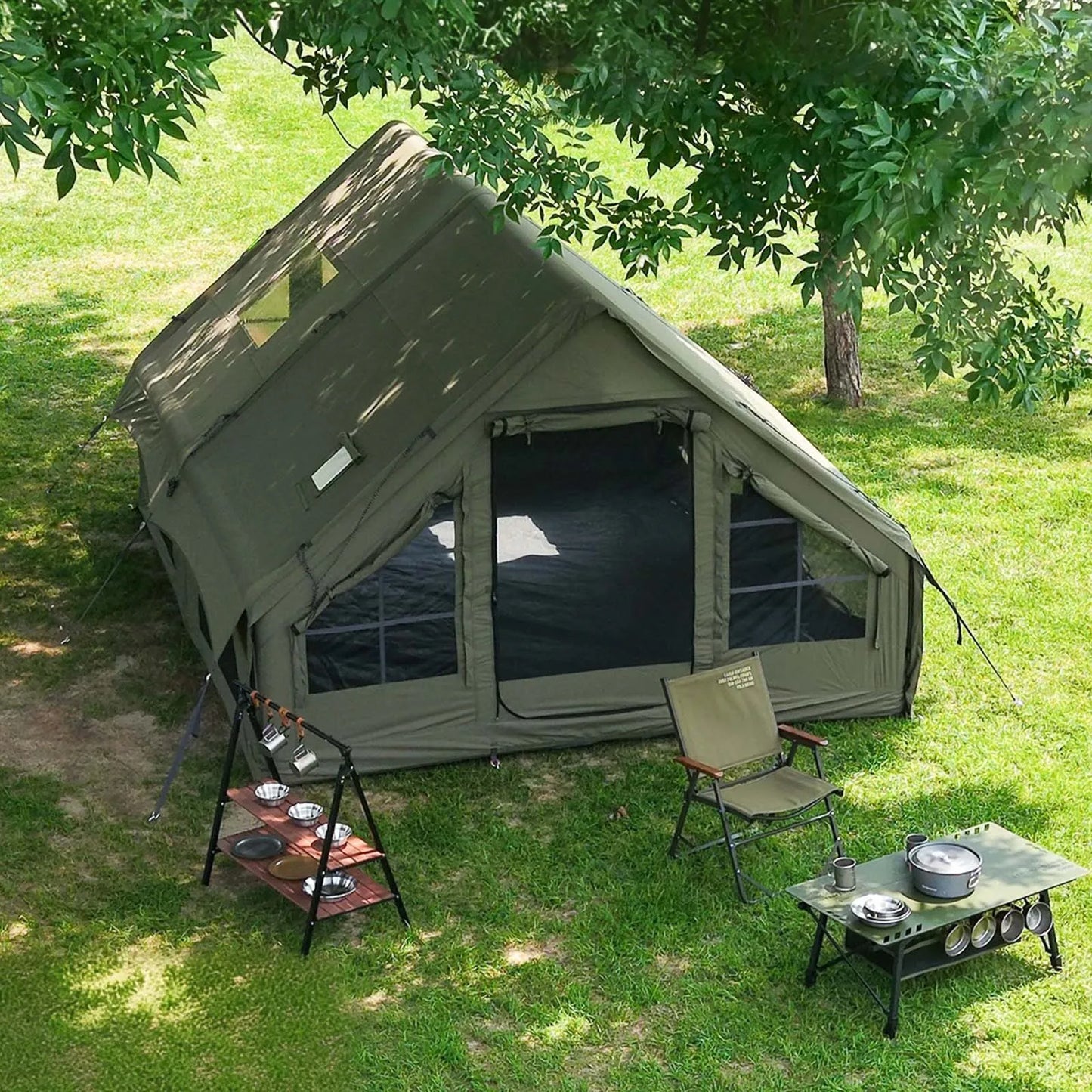 Army Green Waterproof Windproof Inflatable Camping Tent 4-Season Air Glamping Tent House with Chimney Opening & AC Vent