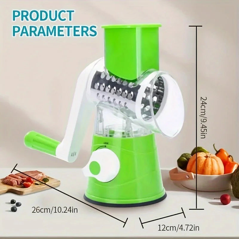 Manual Rotary Vegetable Slicer & Grater – 3-in-1 Drum Design for Fast Shredding, Slicing & Grinding – Multifunction Kitchen Tool