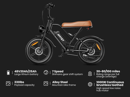 AMYET V9-G60 Electric Bike – 1000W Motor, 48V 20Ah Battery, Fat Tire E-Bike with Shimano 7-Speed & Dual Suspension