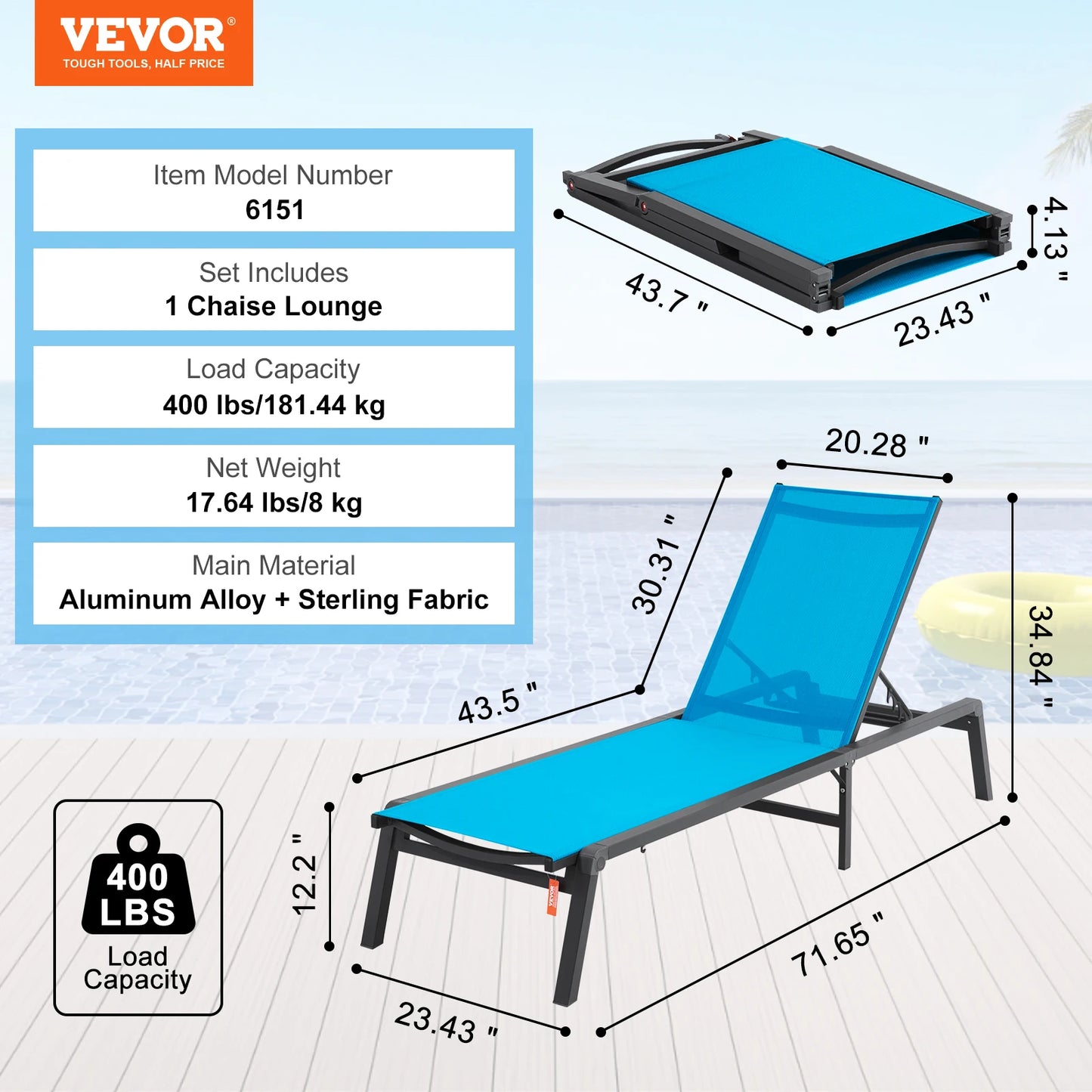 SucceBuy Chaise Lounge Chair Outdoor Aluminum Patio Lounge Folding Pool Lounge Recliner Full Flat