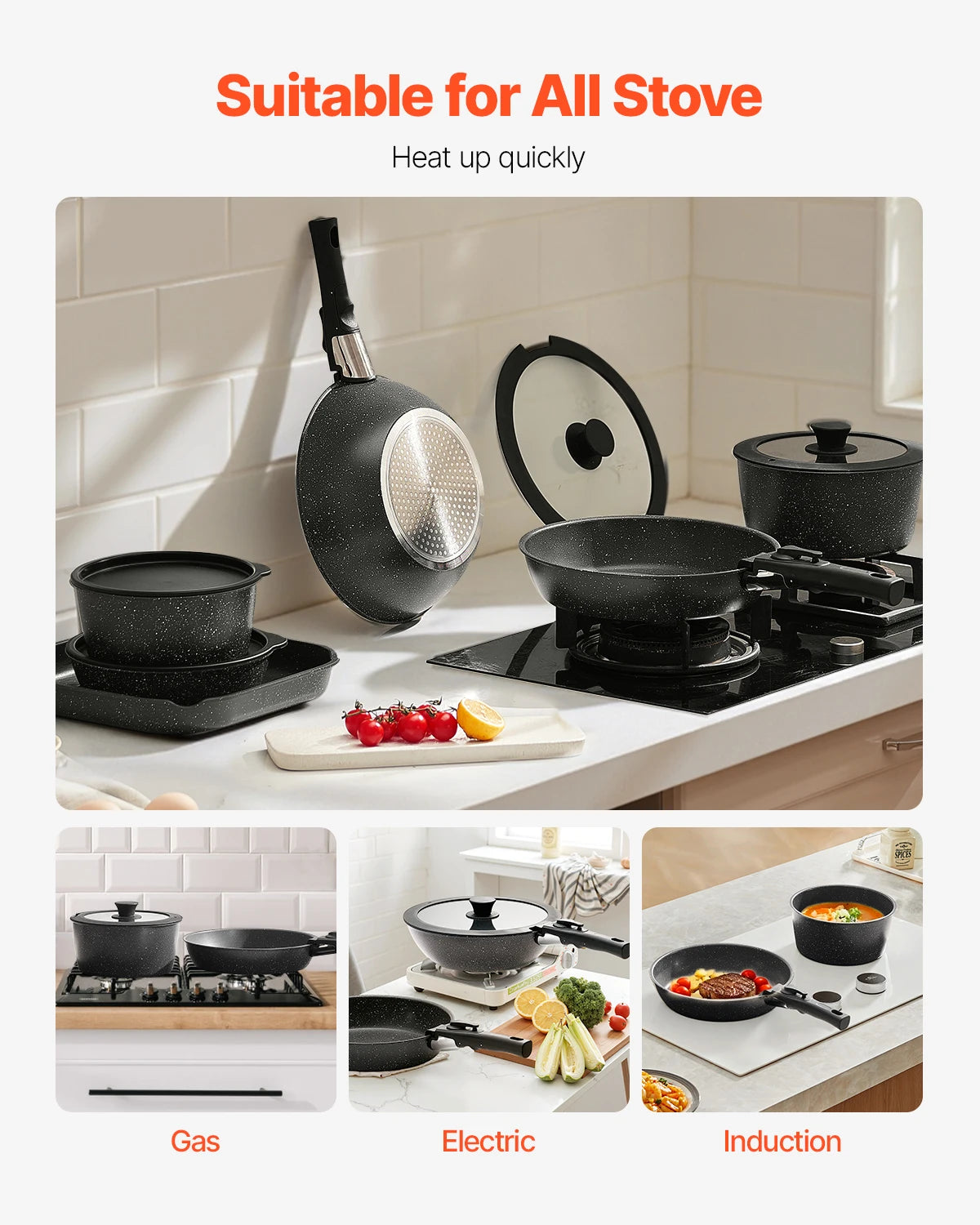 VEVOR 17-Piece Nonstick Cookware Set – Granite Stone Coating, Removable Handle, Induction Compatible, Space-Saving Design
