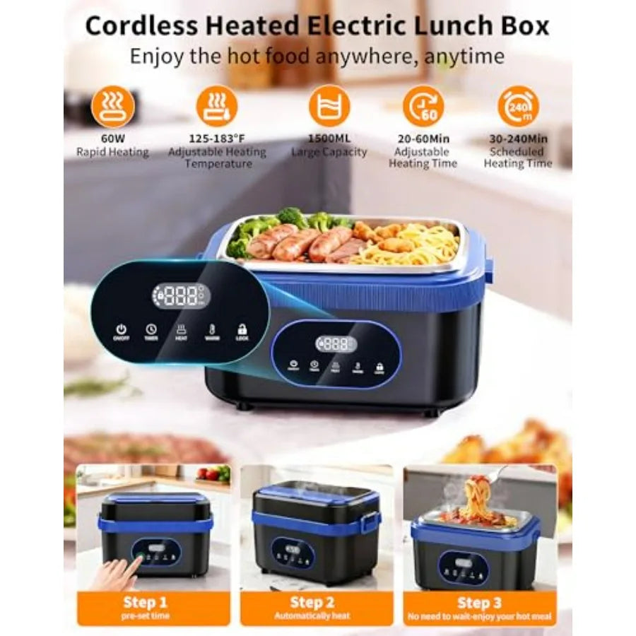 Cordless Electric Lunch Box for Adults XL Size 6.25 Cups 1500ml Portable Heated Food Warmer with Upgraded 5D Surround Heat Technology