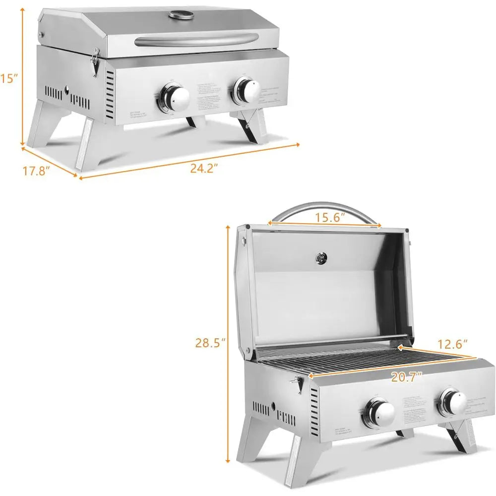 Portable Gas Grill with 2 Burner, 20,000BTU Large Tabletop Camping Propane Griddle for Outdoor Patio Garden BBQ Picnic Tailgating