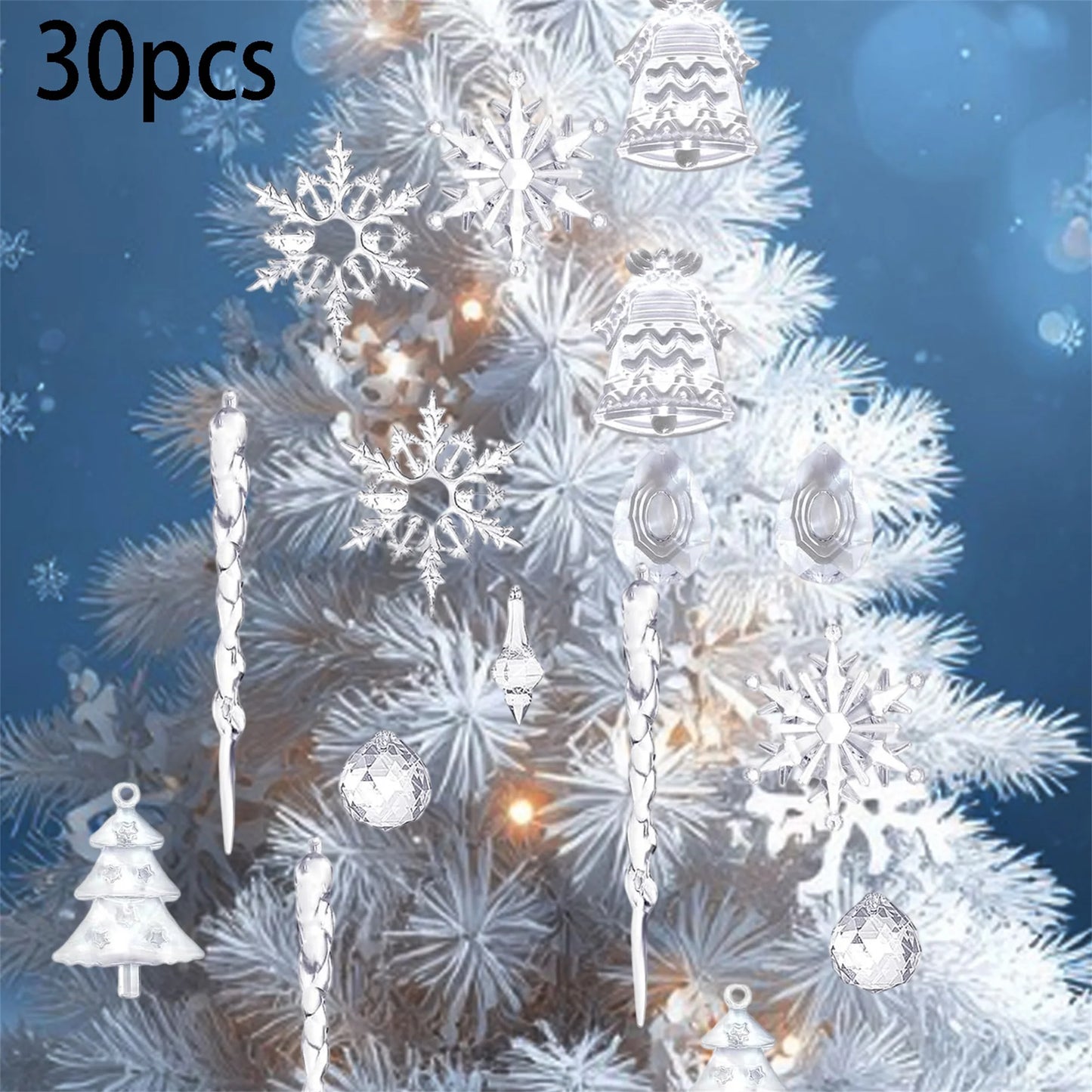 Frosted Glass Snowflake Ornament Set - 30 Pieces Elegant Christmas Tree Hanging Decorations Winter Holiday Icicle Theme