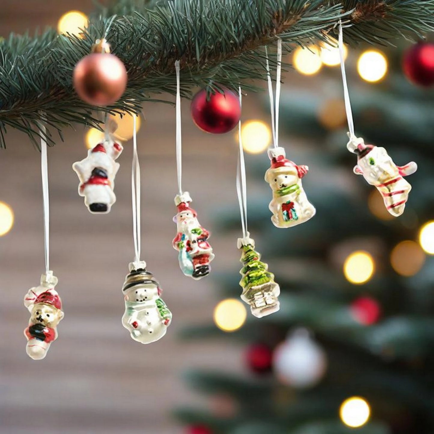 Set of 6 Festive Glass Christmas Tree Ornaments Featuring Adorable Reindeer Penguin and Gingerbread Man Designs