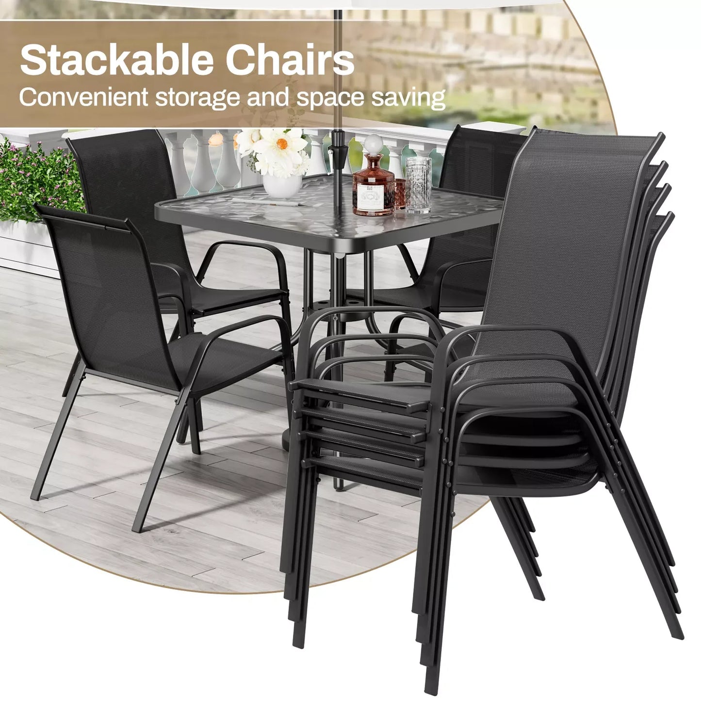 5-Piece Patio Dining Set Outdoor Furniture with Stackable Textilene Chairs & Glass Table