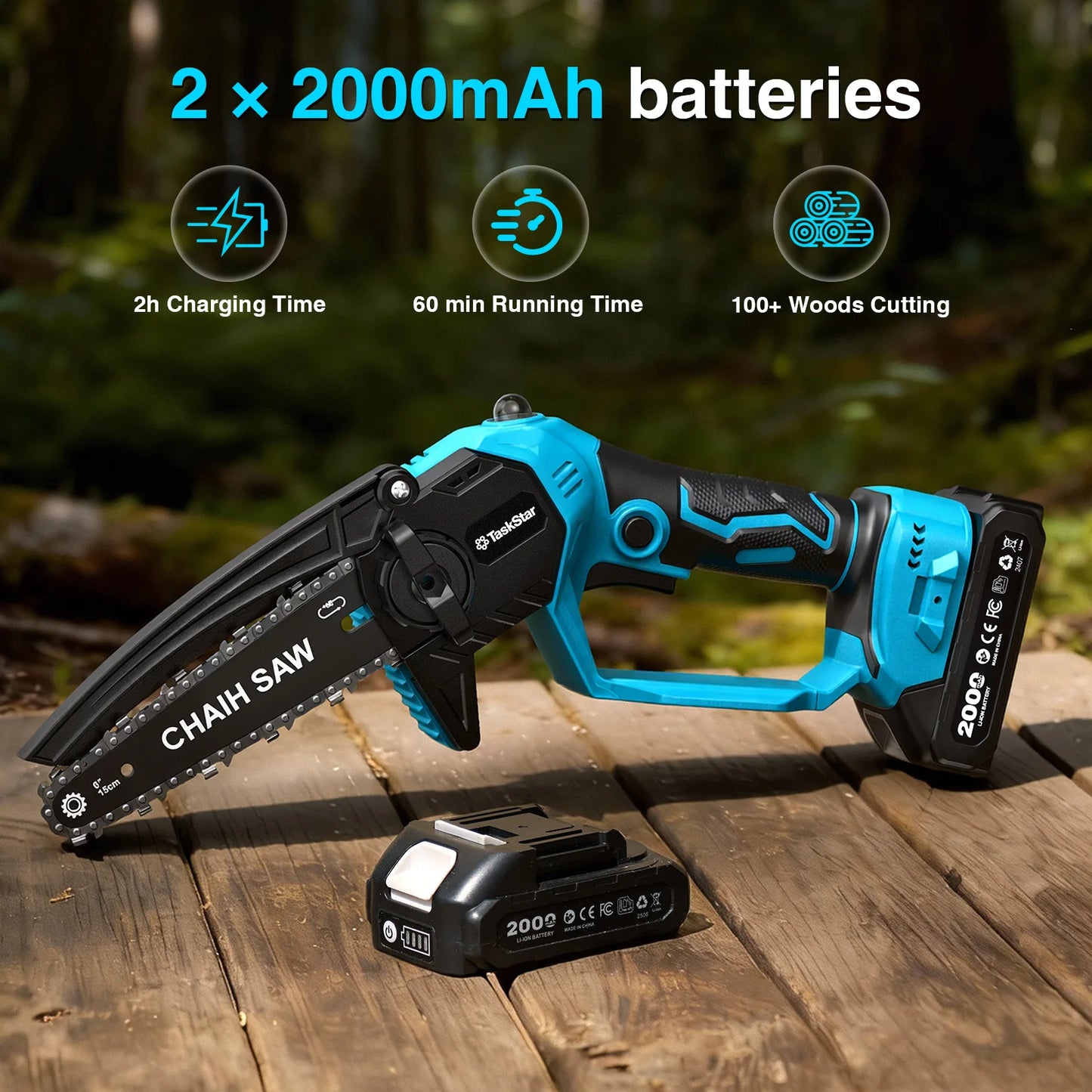TaskStar 12" Cordless Electric Chainsaw with 2 x 4000mAh Batteries – Brushless Motor, Tool-Free Tensioning, Lightweight & Portable
