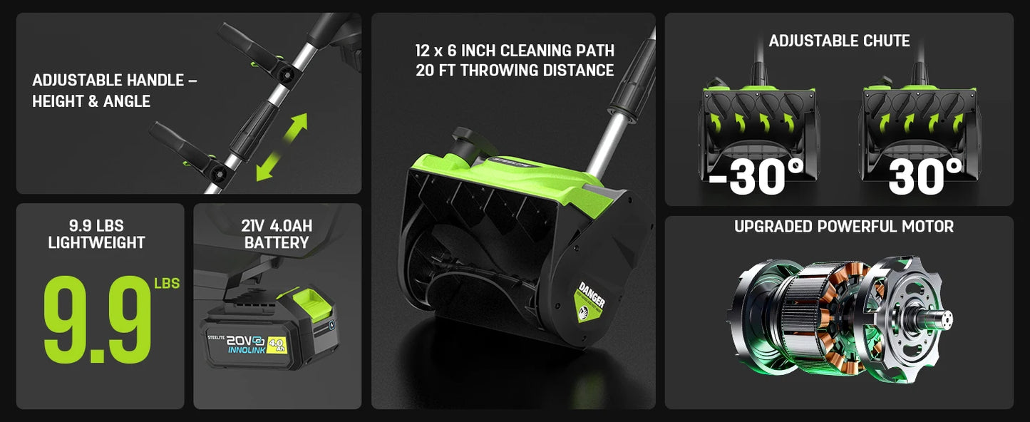 Deli 21V Cordless Snow Shovel with 4.0Ah Battery – 12" Clearing Width, 20FT Throw Distance, 60° Adjustable Chute & Lightweight Design
