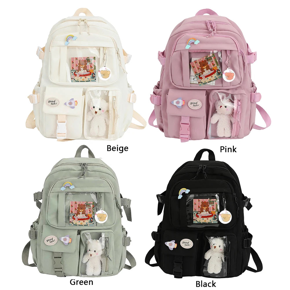 Kawaii Nylon College Backpack with Plush Pendant and Pins – Large Capacity Student Schoolbag