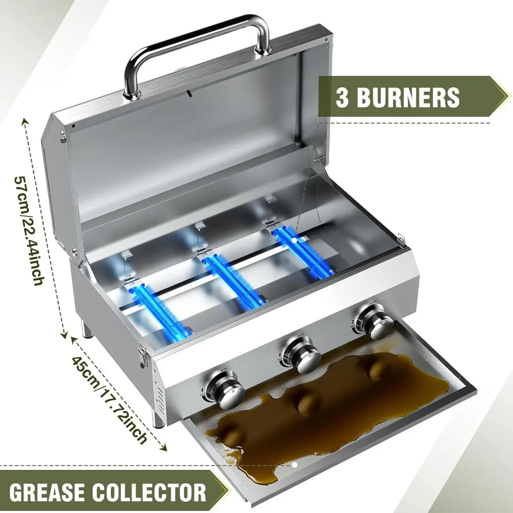 Portable Propane Gas Grill with 3 Burners, 30,000 BTU, Durable Thick Grates and Stainless Steel Controls