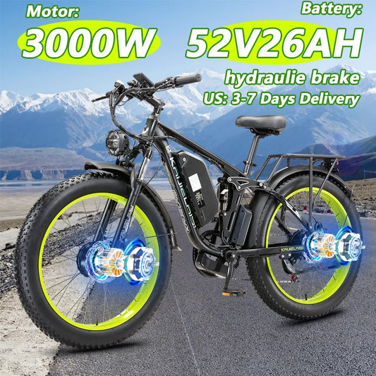 Kajelaisi 3000W Dual Motor Electric Bike – 52V 26Ah Battery, Full Suspension, Hydraulic Brakes, 24x4.0 Fat Tires, 38 MPH Off-Road E-Bike for Adults