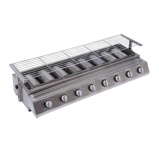 8-Burner Stainless Steel Gas BBQ Grill with Adjustable Height, Portable Outdoor Tabletop Grill, Easy Clean Propane Barbecue for Camping & Commercial Use