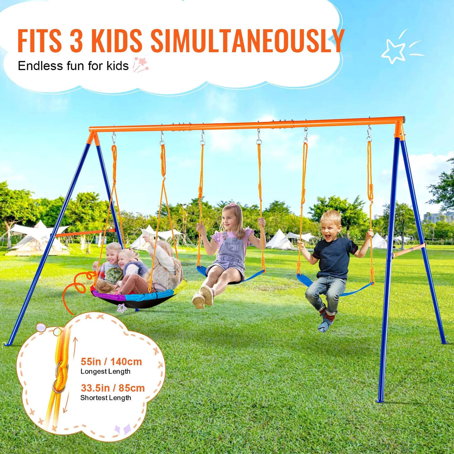 VEVOR 3-in-1 Heavy-Duty Swing Set for Backyard – 600lbs Capacity Outdoor Playset with Saucer & Belt Swings – Rust & Water Resistant, Easy Assembly for 3 Kids