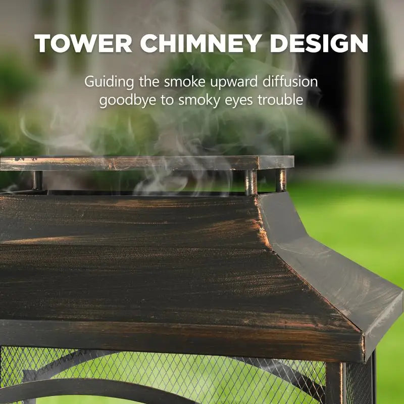 37" Outdoor Fire Pit with Wood Storage, Large Wood-Burning Fireplace with Chimney, Mesh Spark Screen & Fire Poker, Perfect for