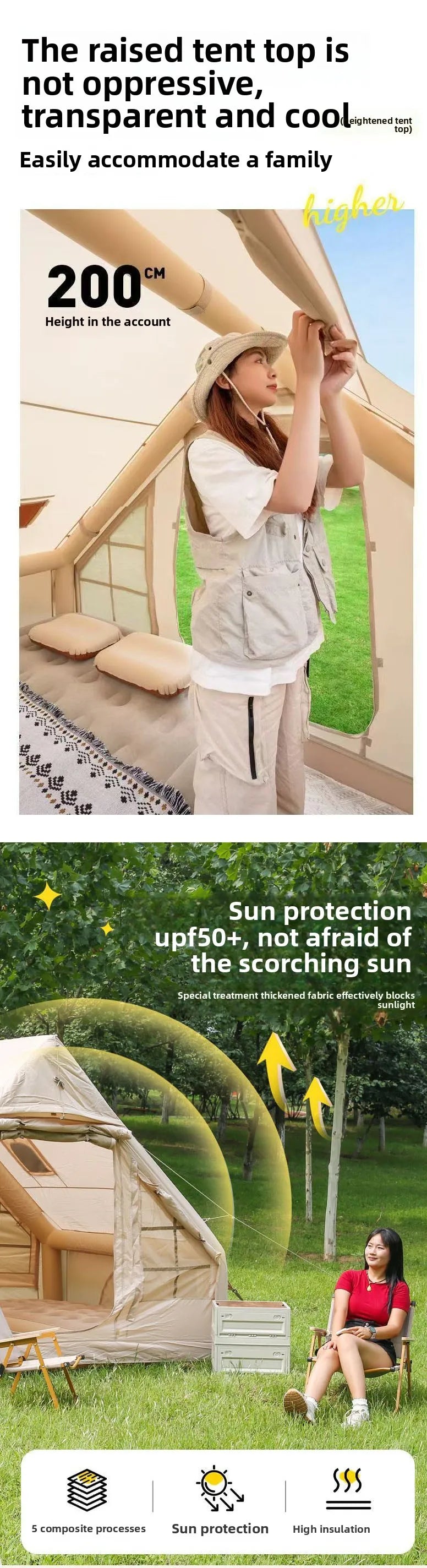 Inflatable Camping Tent for 1-6 People with Skylight, Stove Jack & PU3000 Waterproof Protection