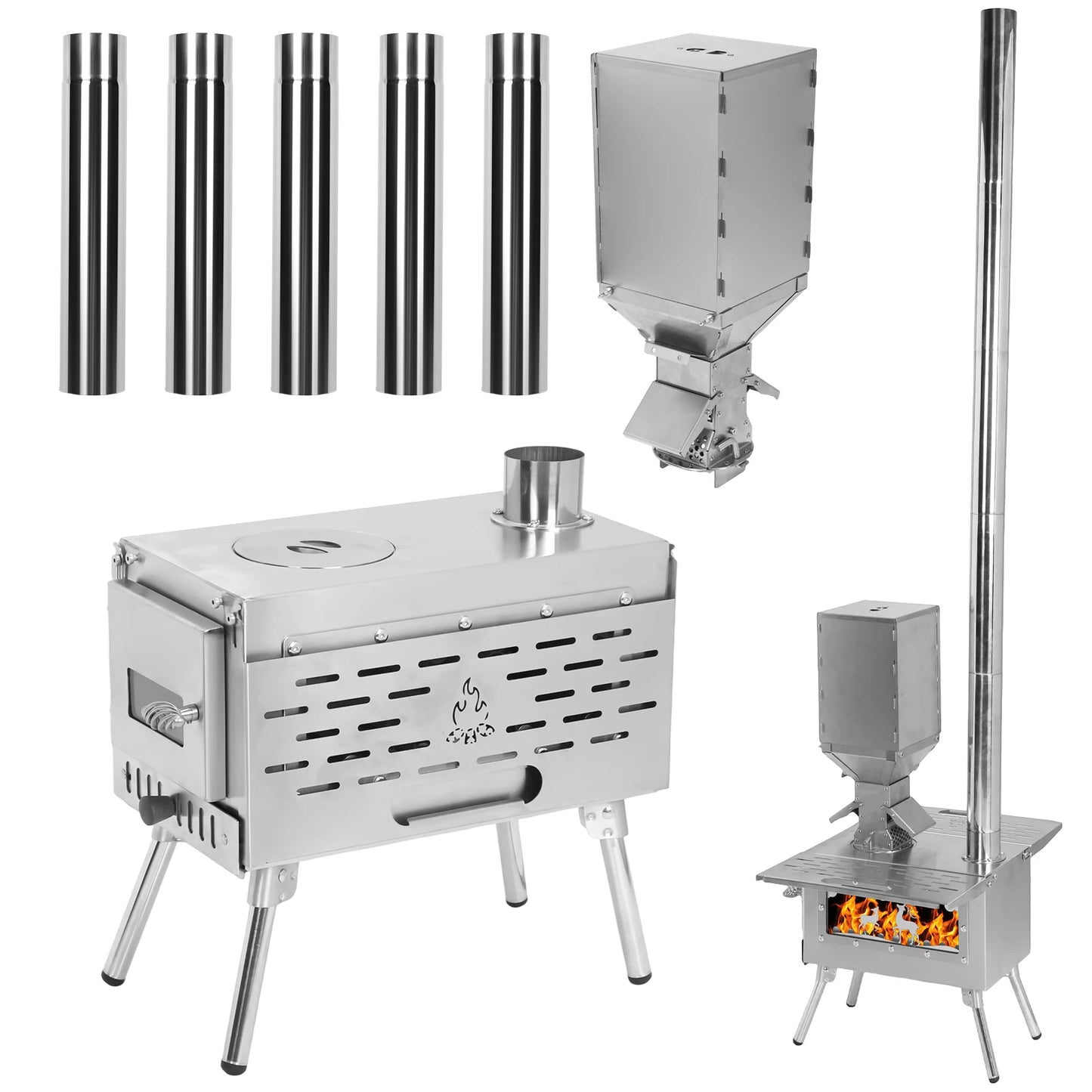 Portable Wood Burning Stove – Stainless Steel Tent Stove with Chimney Pipe & Pellet Burner for Outdoor Cooking