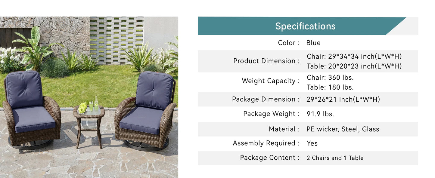 3-Piece Patio Bistro Set with Swivel Rocking Chairs & Glass Coffee Table