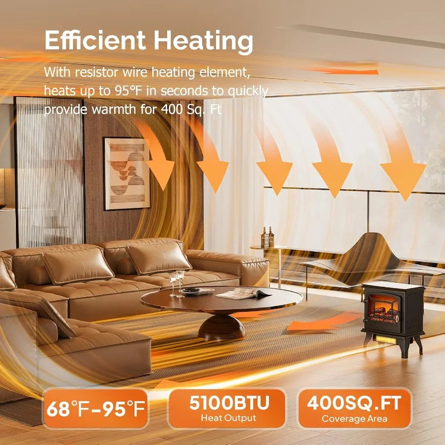 Electric Fireplace Stove Space Heater – 20" Freestanding – 1400W – Realistic Flame Logs – Thermostat – Tip‑Over & Overheat Protection – Black