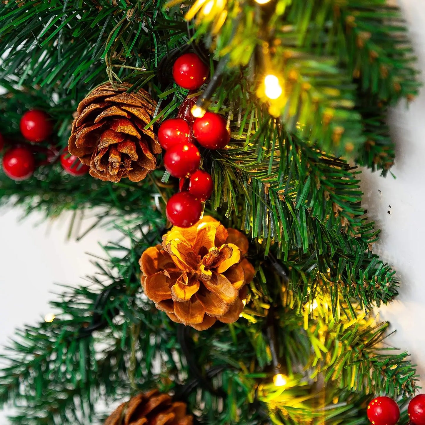 9Ft Artificial Christmas Garland Prelit with LED Lights 27 Pine Cones 27 Red Berries for Home Office Christmas Decorations