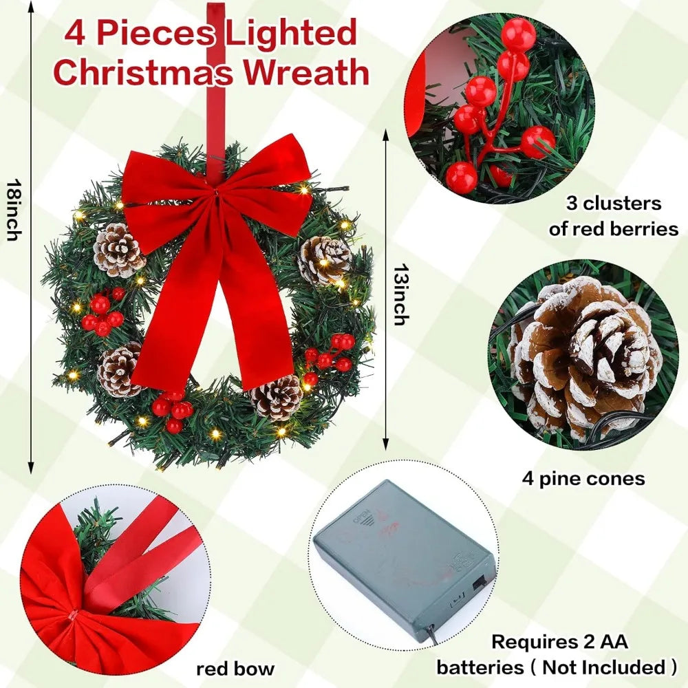 Illuminated Christmas Wreaths, 12-Inch Pre-Lit Miniature Holiday Wreaths with Oversized Bows, Battery-Powered LED Pine Needle Wr