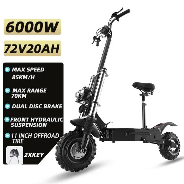 6000W 72V Electric Scooter – High-Speed Off-Road eScooter with Seat, Dual Drive, and LCD Display