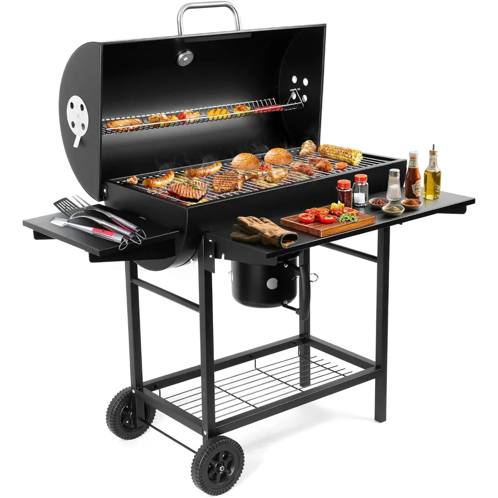 Outdoor Barrel Charcoal BBQ Grill with Side Table and Wheels – High-End Smoker Combo