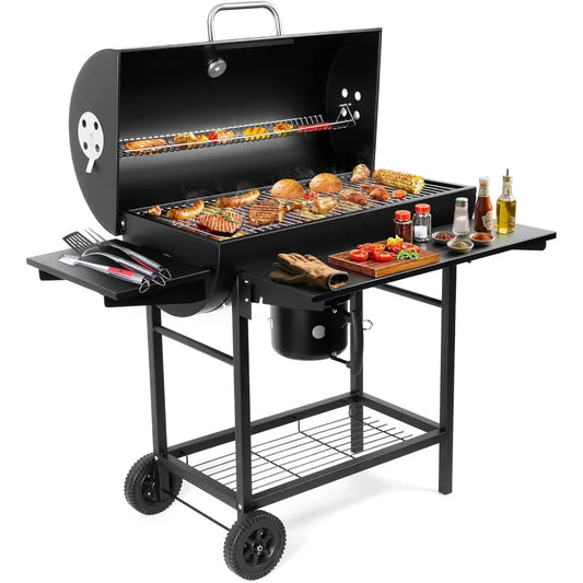 Outdoor Barrel Charcoal BBQ Grill with Side Table and Wheels – High-End Smoker Combo