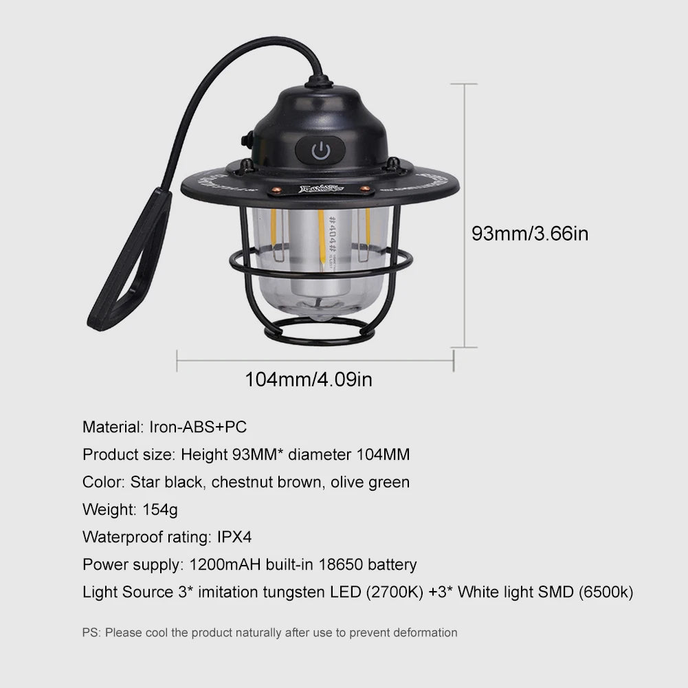 Retro LED Camping Lantern with Type-C Charging & 4 Light Modes
