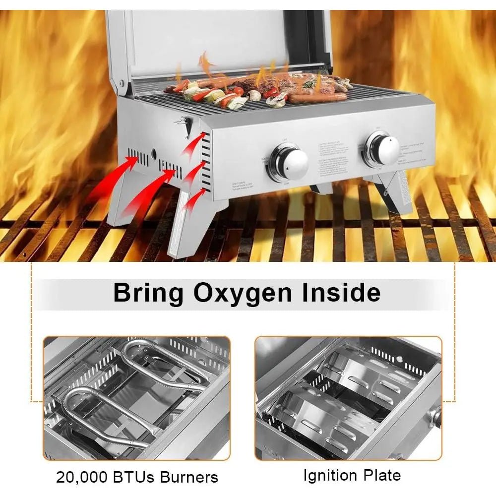 Portable Gas Grill with 2 Burner, 20,000BTU Large Tabletop Camping Propane Griddle for Outdoor Patio Garden BBQ Picnic Tailgating