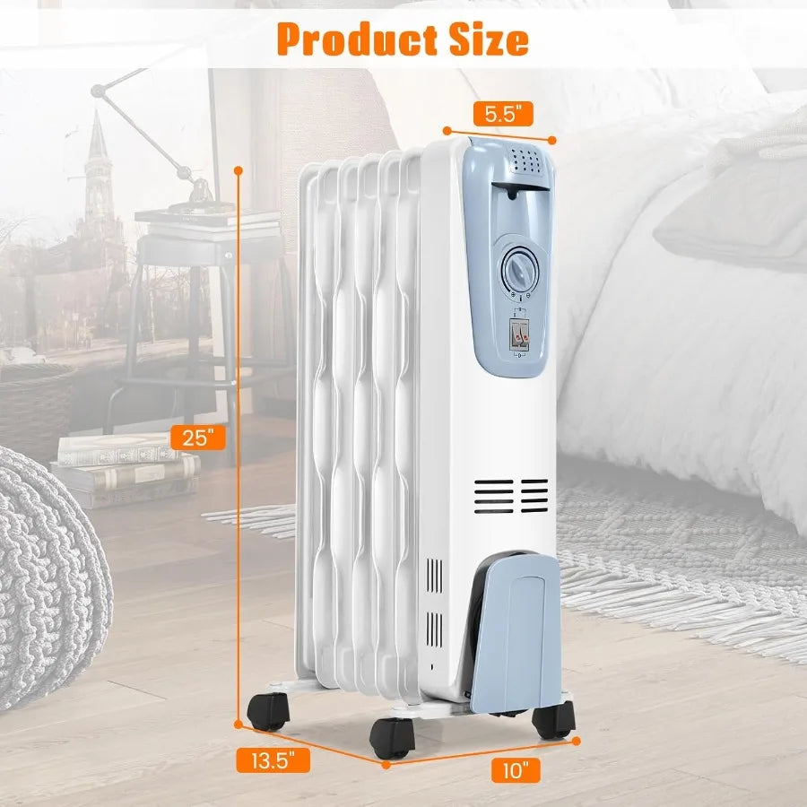 1500W Oil Heater Portable Oil Space Heater w/ Adjustable Thermostat, 3 Heat Settings, Overheat & Tip-Over Protection