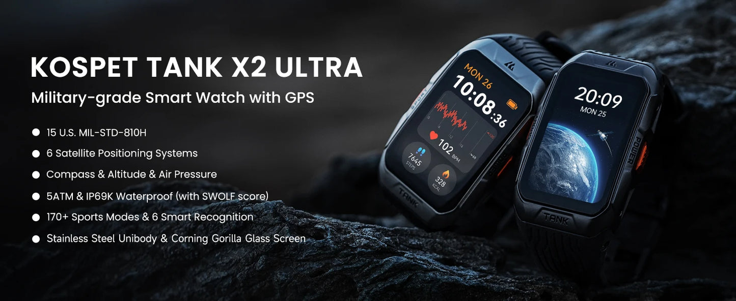 KOSPET TANK X2 Ultra GPS Smart Watch – Military Grade, 3D Curved AMOLED Display, Compass & Altimeter, Waterproof Smartwatch