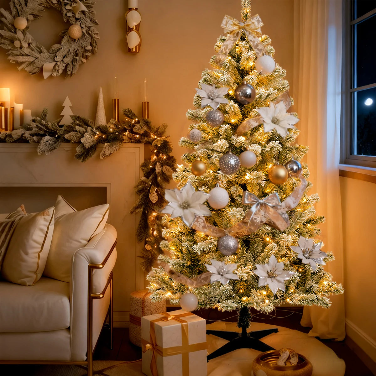 2025 Christmas Decorations 190/180cm Prelit Snow Flocked Artificial Christmas Tree Pop Up 100/200 Lights Party Home Decor Xmas