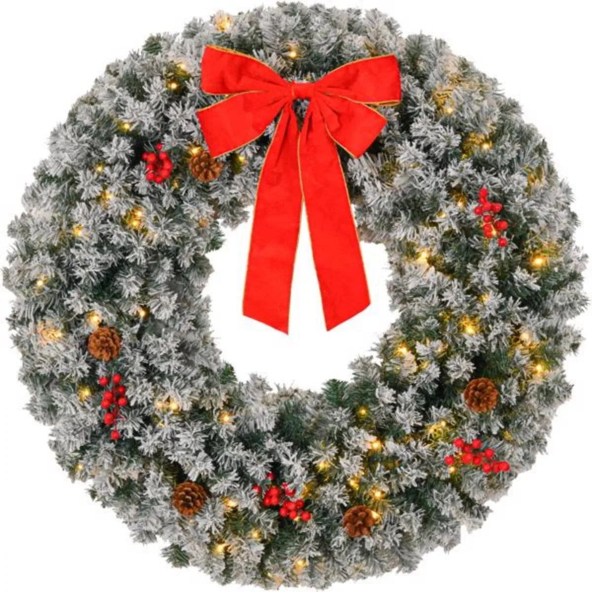 24" Christmas Wreath with Remote Lighted Snow Flocked Artificial Xmas Wreath Warm Lights Ornaments for Door Gate Wall Party Deco
