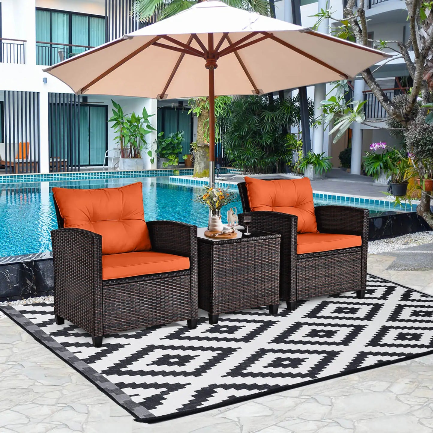 3-Piece Rattan Patio Furniture Set with Cushions and Tempered Glass Table – Outdoor Wicker Conversation Set for Balcony, Garden, or Porch – Orange Cushions