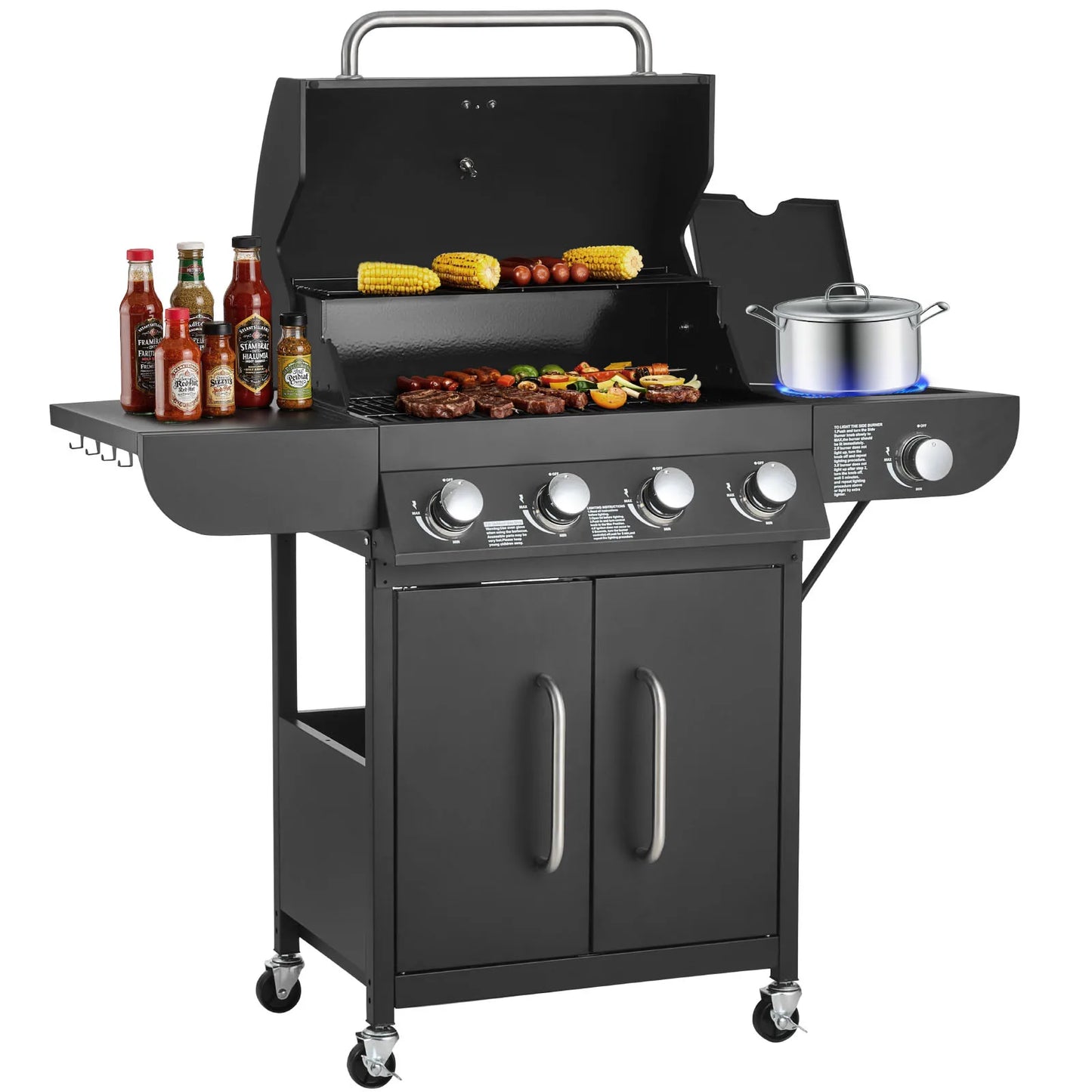 SucceBuy Gas Grill 4 Burner Propane Gas Grill with Side Burner 425 SQ.In Grilling Area 52,000 BTU Patio Garden BBQ Grills