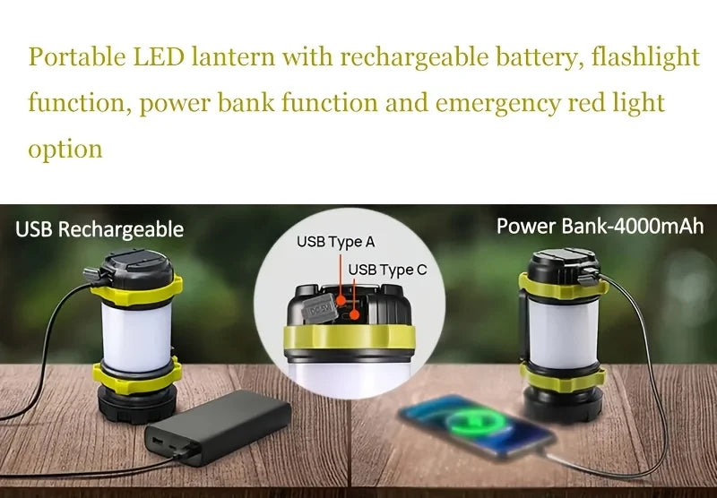Rechargeable LED Camping Lantern 1000LM Flashlight with Power Bank & 6 Lighting Modes