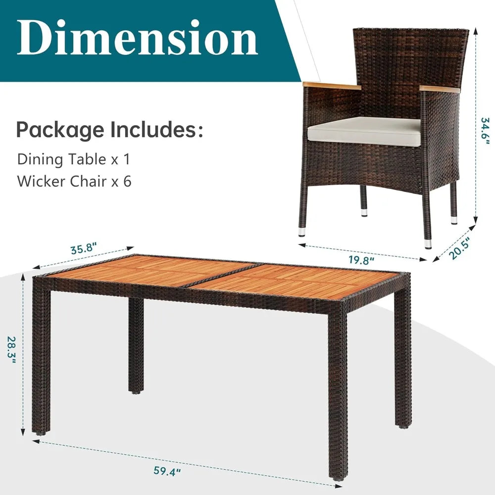 7 Piece Outdoor Patio Dining Set – Wicker Rattan Table & Chairs with Cushions