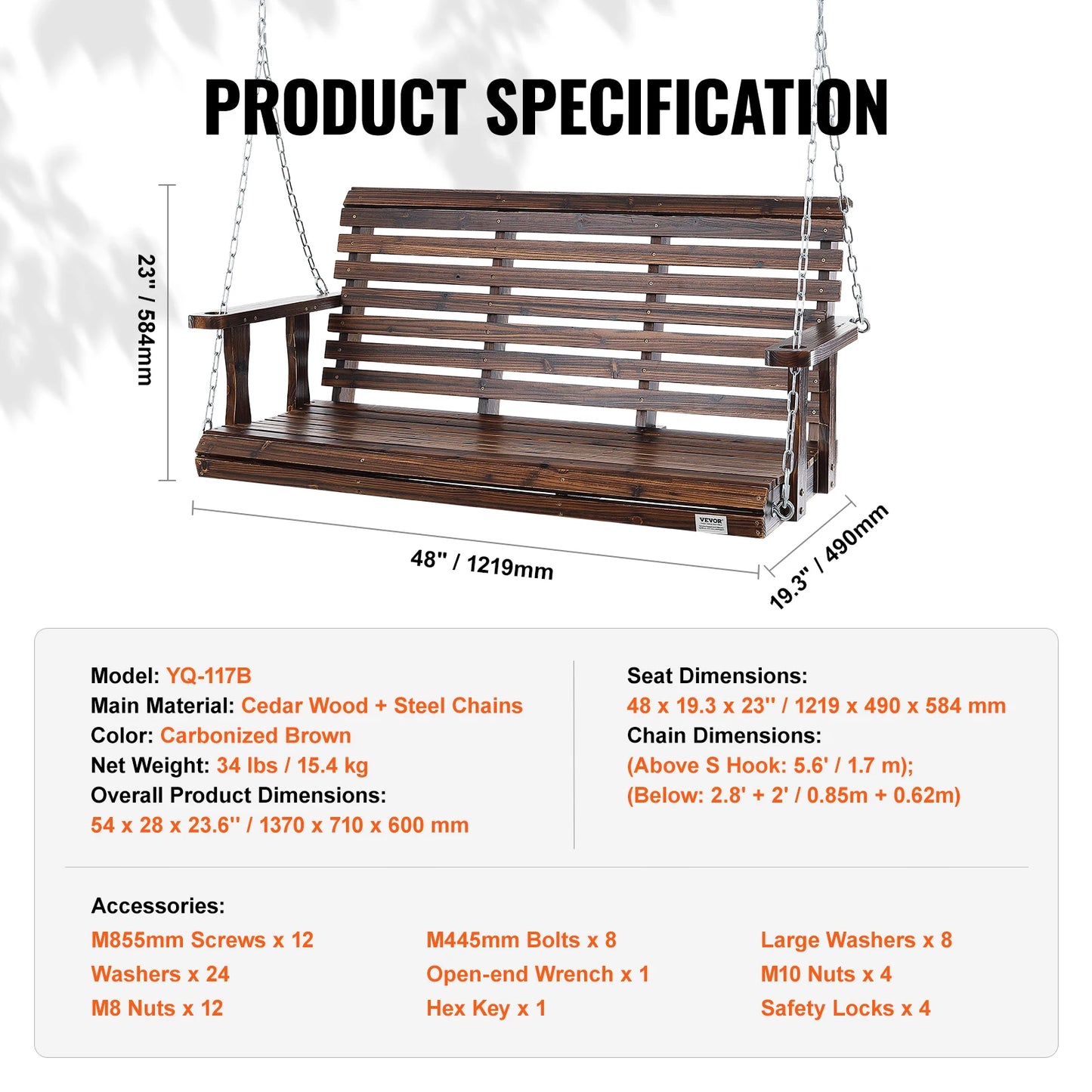 Wooden Porch Swing 5 FT – Heavy-Duty Outdoor Hanging Bench