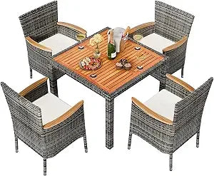 7 Piece Outdoor Patio Dining Set – Wicker Rattan Table & Chairs with Cushions