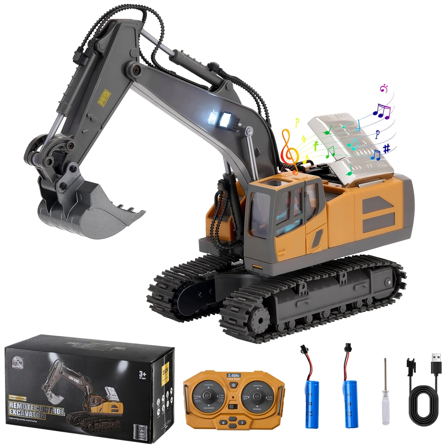 1:20 RC Excavator – 11 Channel Construction Vehicle with Sounds & LED Lights