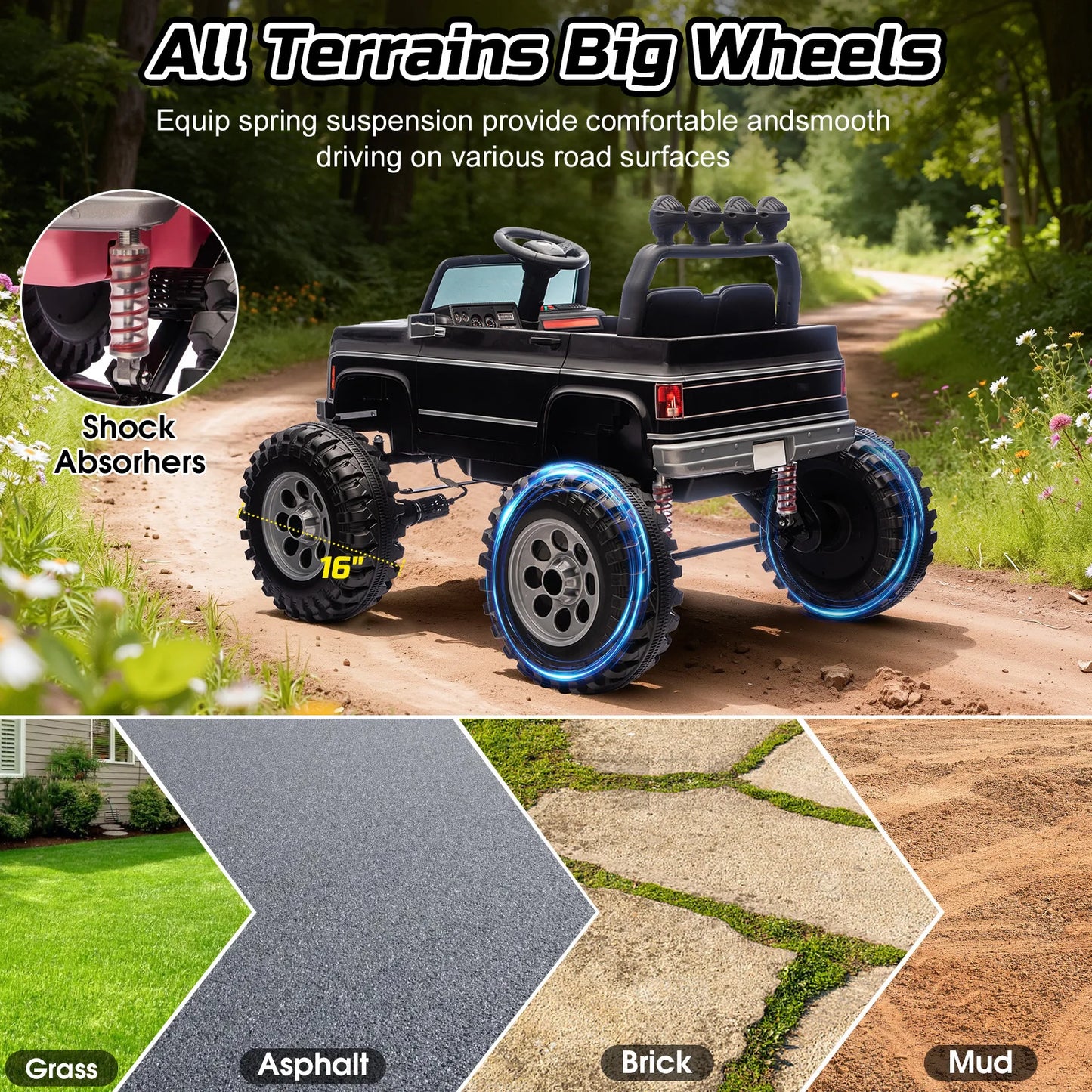 24V Off-Road Electric Ride-On Truck for Kids – Dual Motors – Big Wheels – MP3, Remote Control, LED Lights – Black