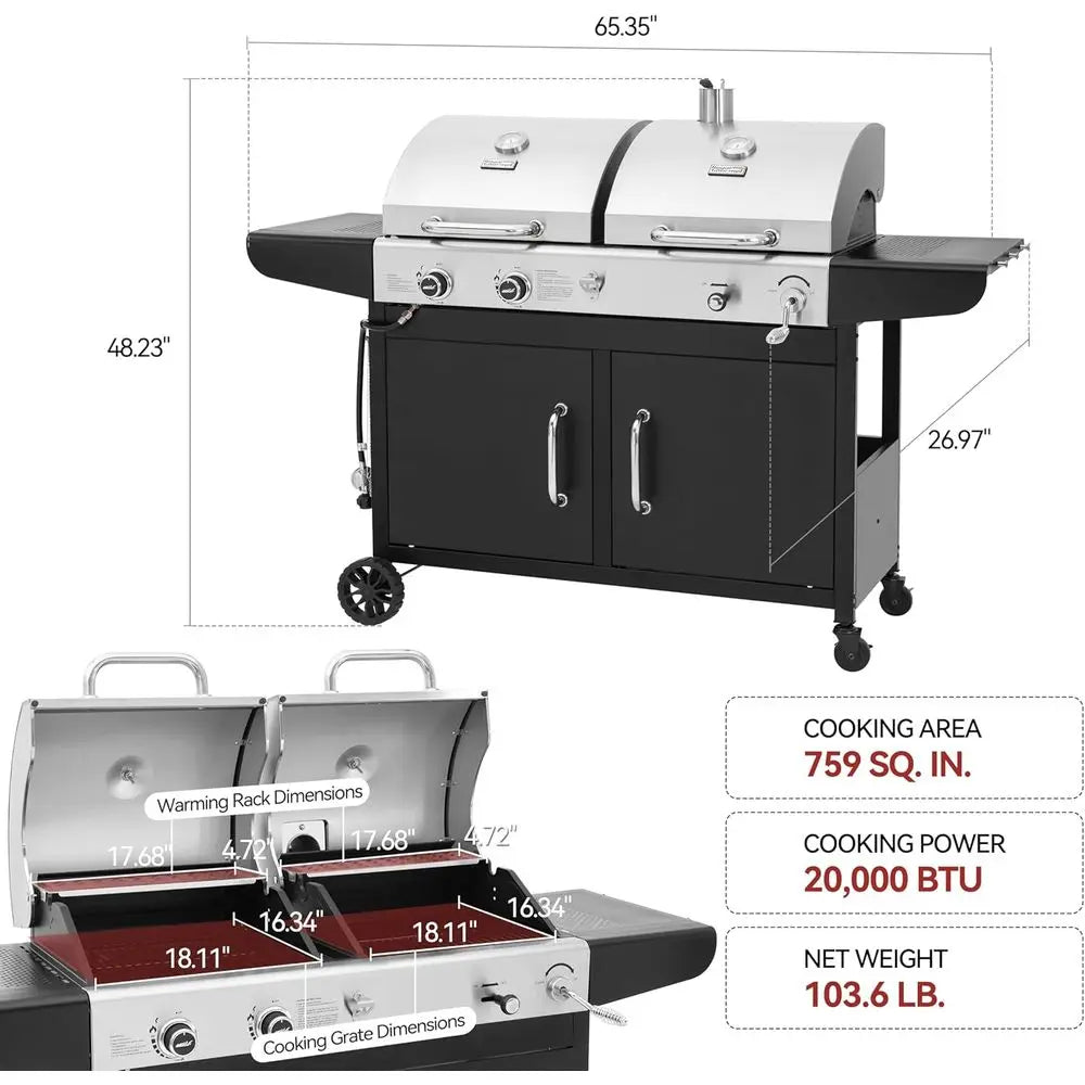 ZH3002N Propane Gas & Charcoal Grill Combo – Dual Fuel BBQ Grill with Cabinet & Side Shelves