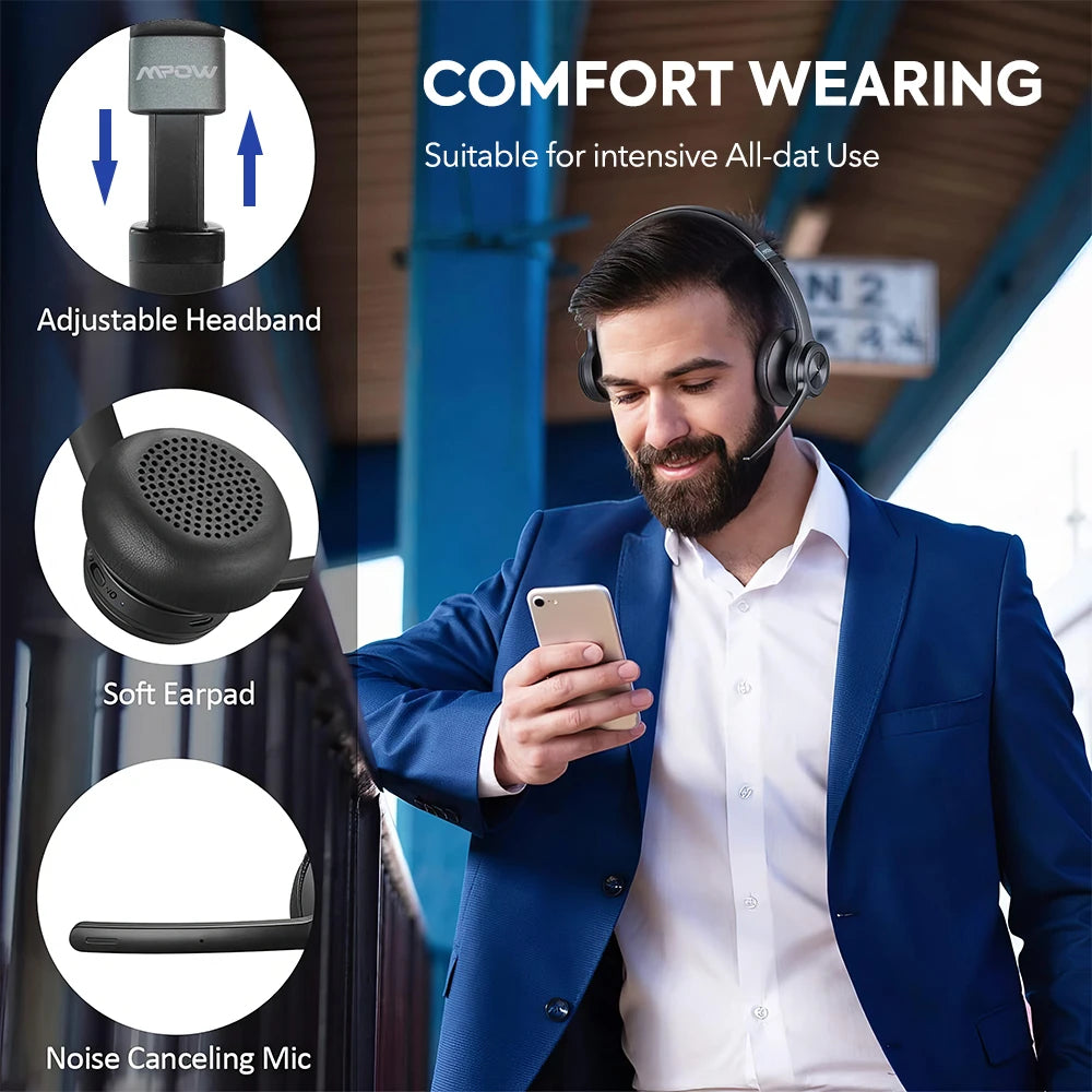 Mpow HC9 Bluetooth 5.3 Wireless Headset with Noise-Cancelling Mic & 45H Battery Life