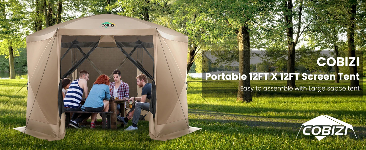 Cobizi 12x12ft Pop-Up Gazebo Screen Tent – 6-Sided Portable Outdoor Canopy Shelter with Mosquito Netting