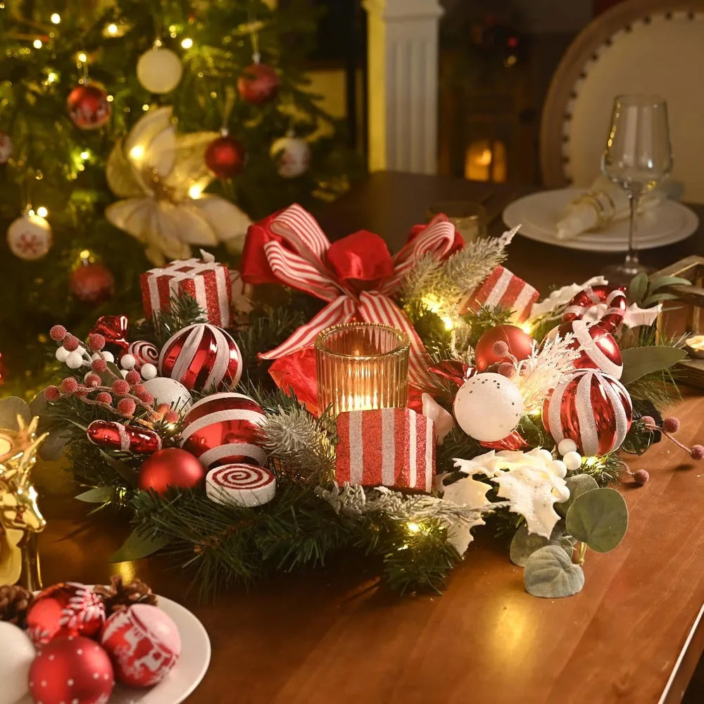 Large Outdoor Red & White Decorated Lighted 24 Inch Pre-Lit Front Door Christmas Wreath Christmas Decor