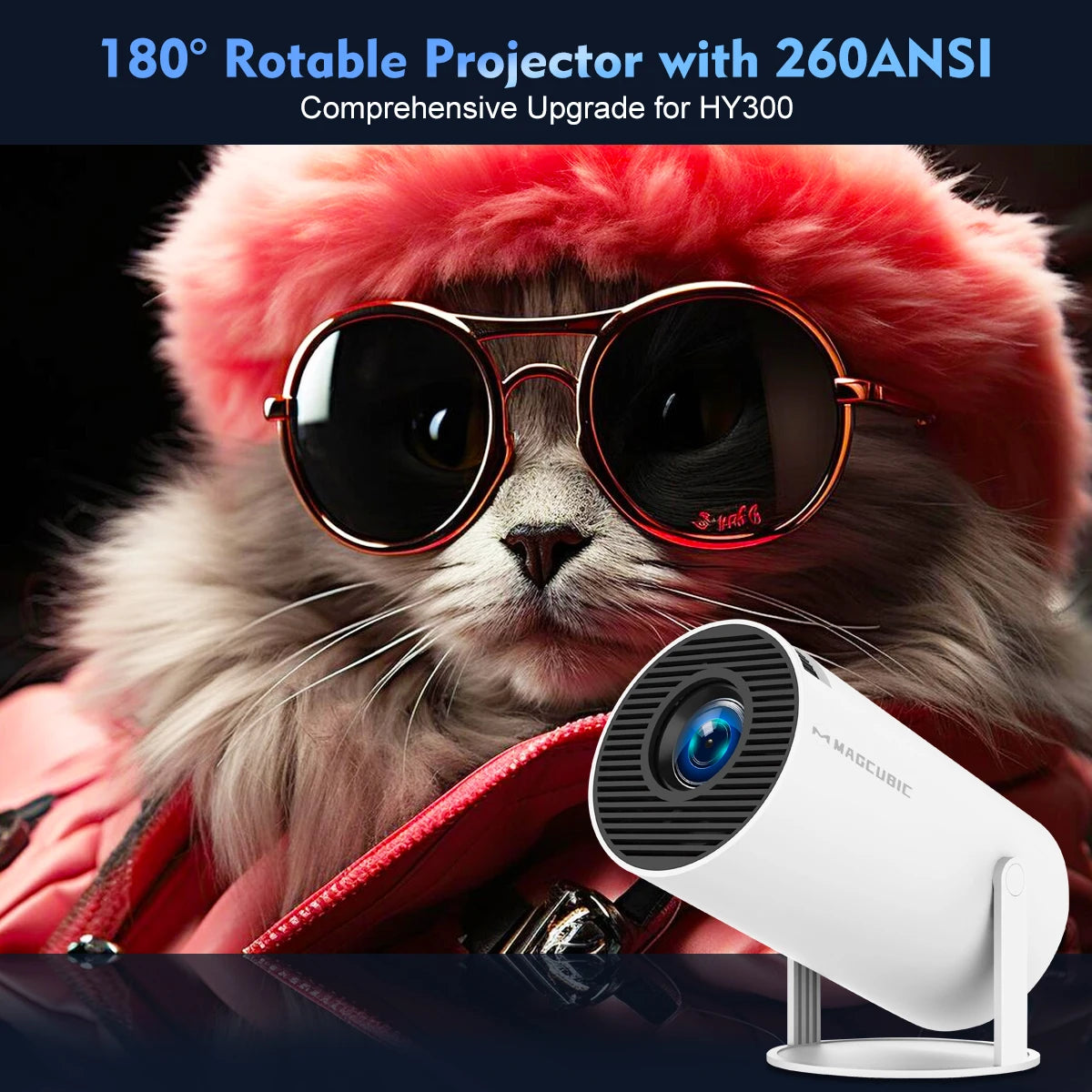 Magcubic HY300 Pro 4K Projector – 260 ANSI Lumens, Android 11, WiFi 6, Bluetooth 5.0 – Compact 180° Rotating Portable Home Theater