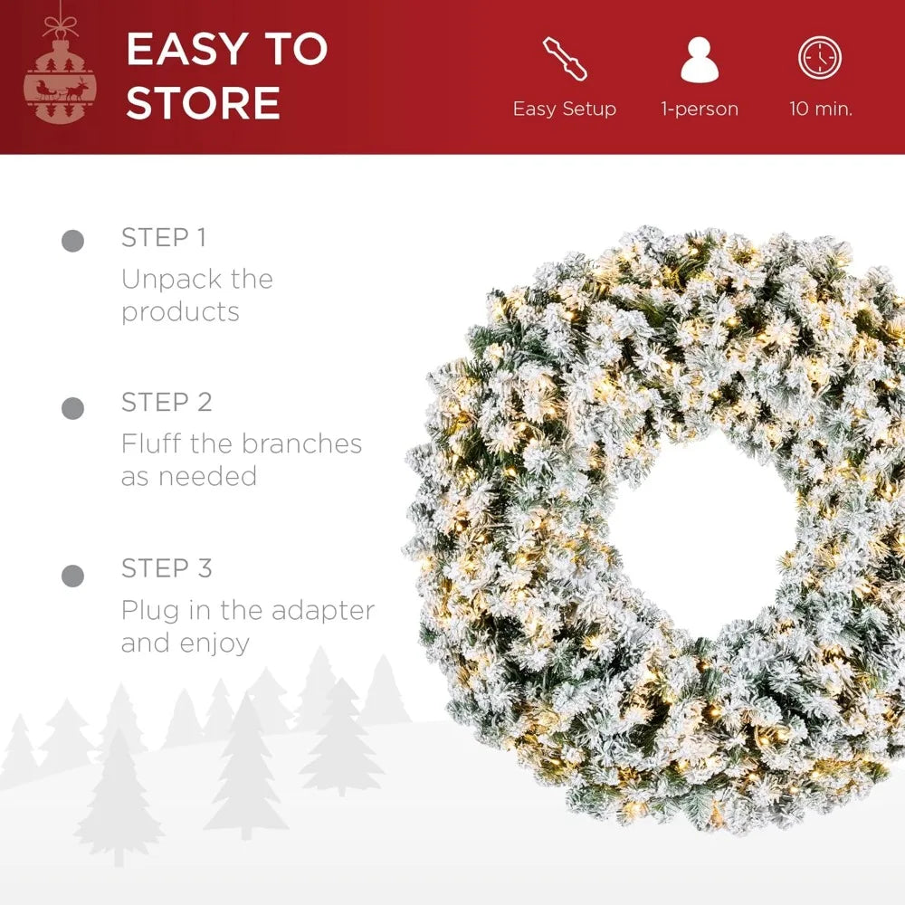 Large 30-inch Flocked Artificial Pre-Lit Fir Christmas Wreath with 100 Dual LED Lights - Holiday Decor Accent